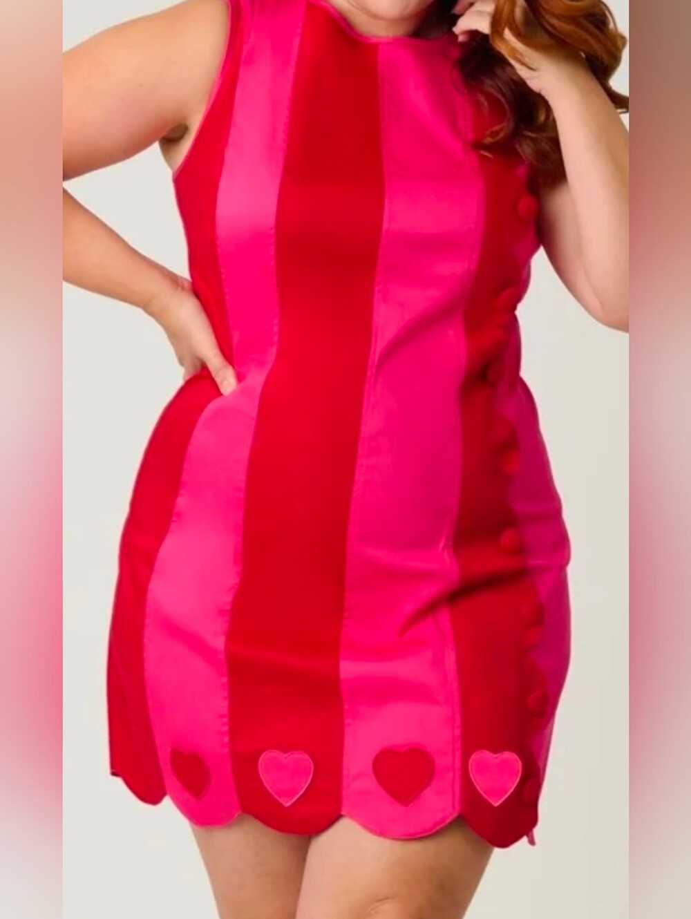 Sleeveless Pink & Red Striped Scallop-Hem Mini Dress